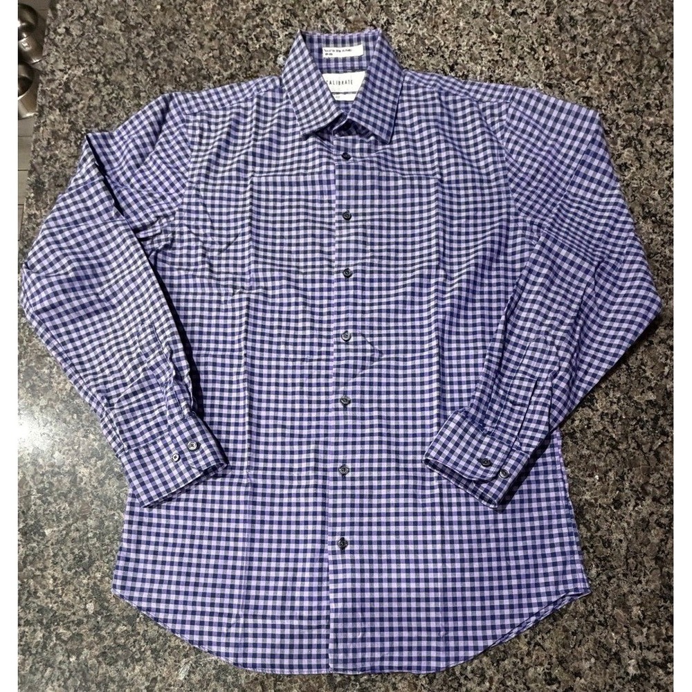 Calibrate Mens Trim Fit Non-Iron Gingham Button Down Shirt Purple Navy CA57953